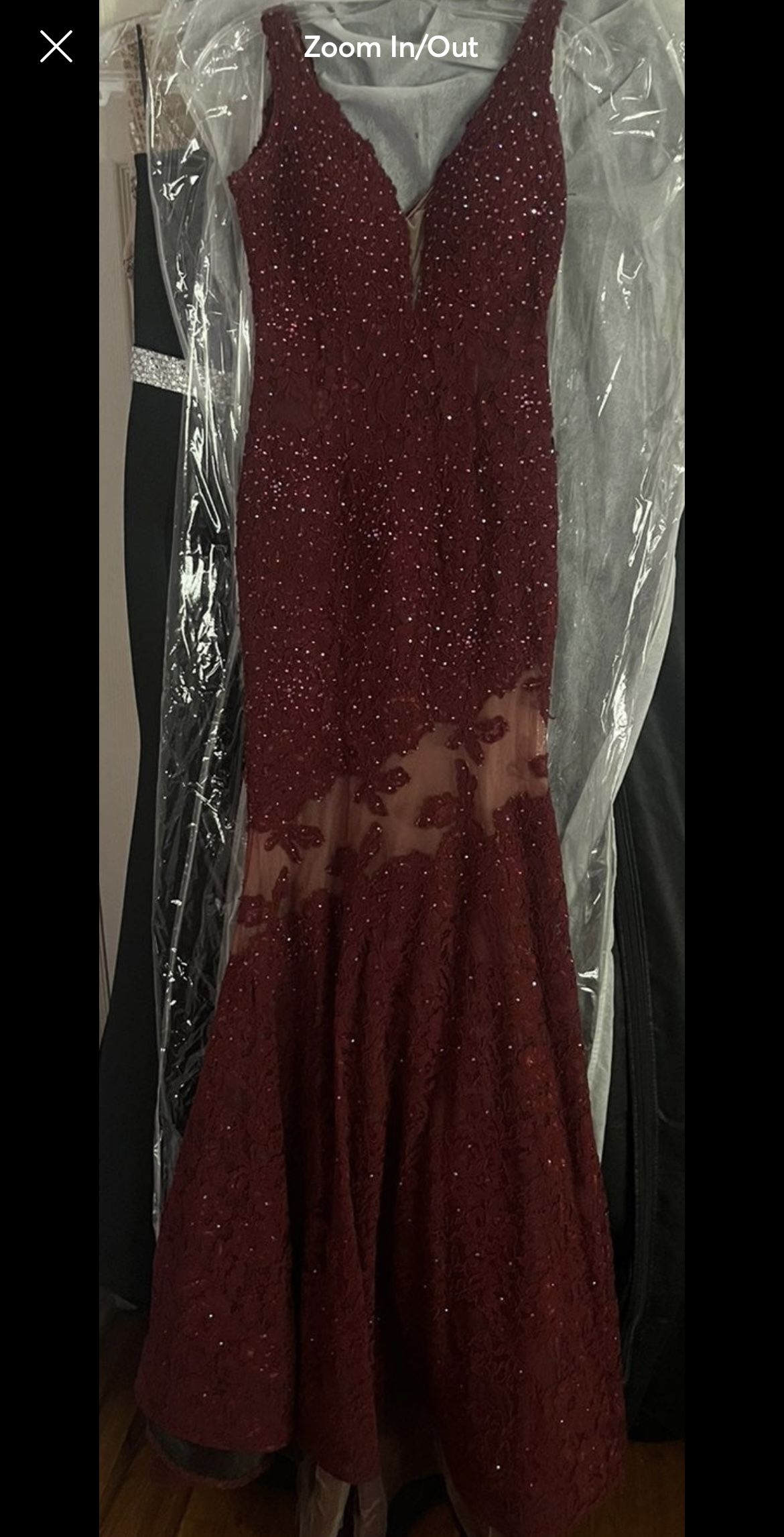 Jovani Size 4 Bridesmaid Plunge Sequined Burgundy Red Floor Length Maxi on Queenly