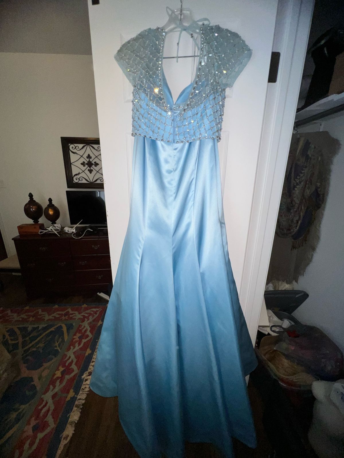 Sherri Hill Size 4 Prom High Neck Satin Light Blue Mermaid Dress on Queenly