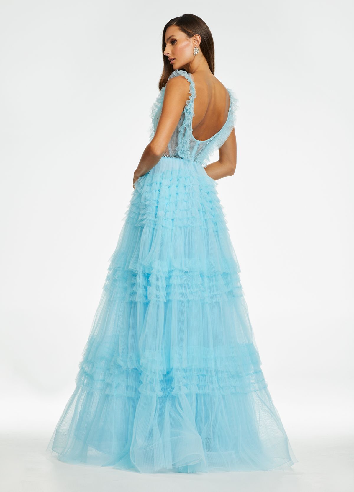 Style 11142 Ashley Lauren Size 0 Prom Plunge Sequined Blue Ball Gown on Queenly