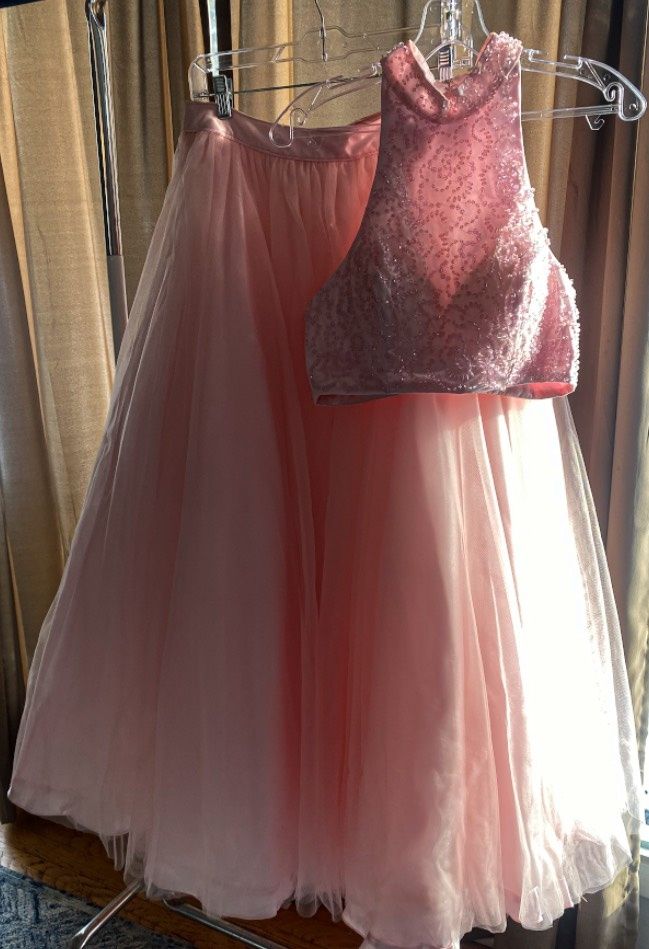 Size 6 Prom High Neck Sequined Pink Ball Gown on Queenly