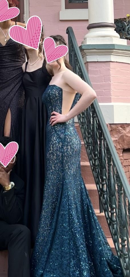 Jovani Size 2 Prom One Shoulder Lace Navy Blue Mermaid Dress on Queenly