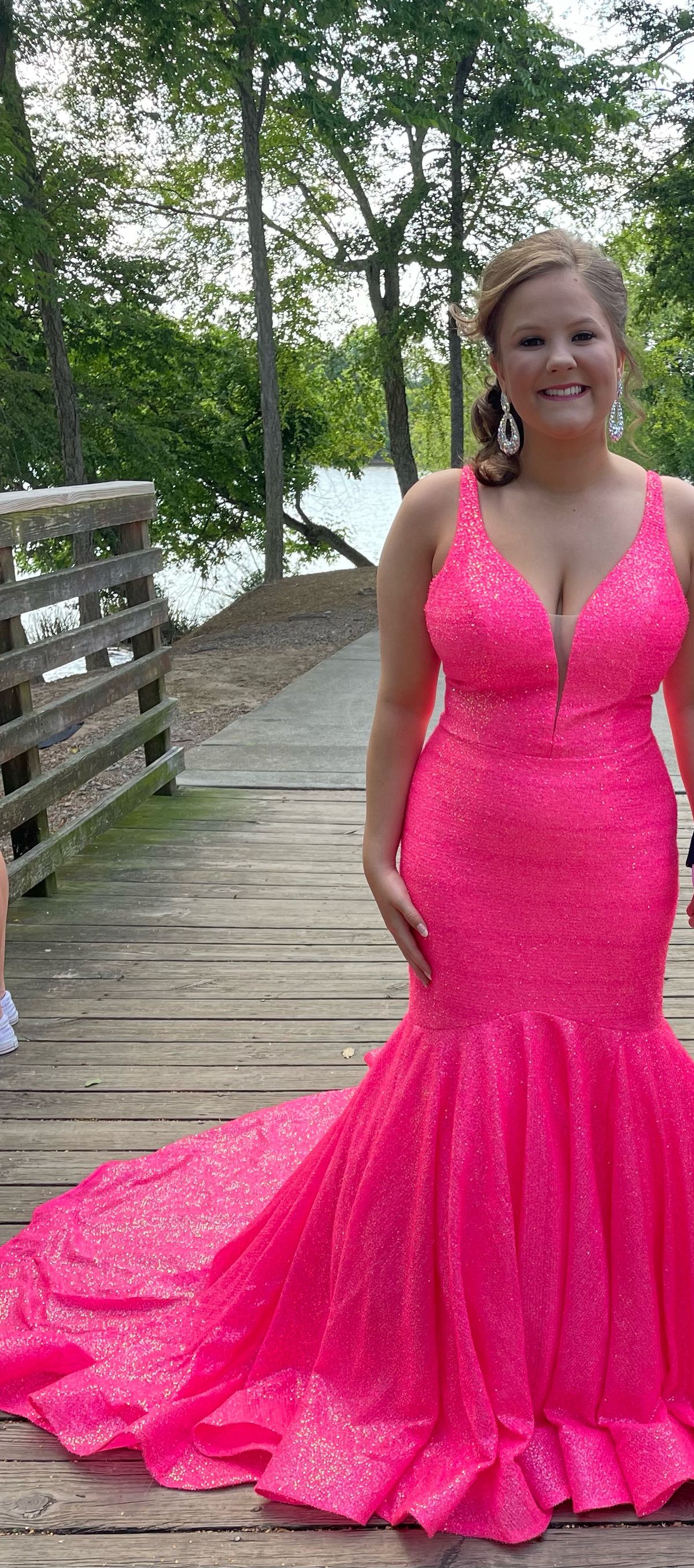 Jovani Size 8 Prom Plunge Hot Pink Mermaid Dress on Queenly