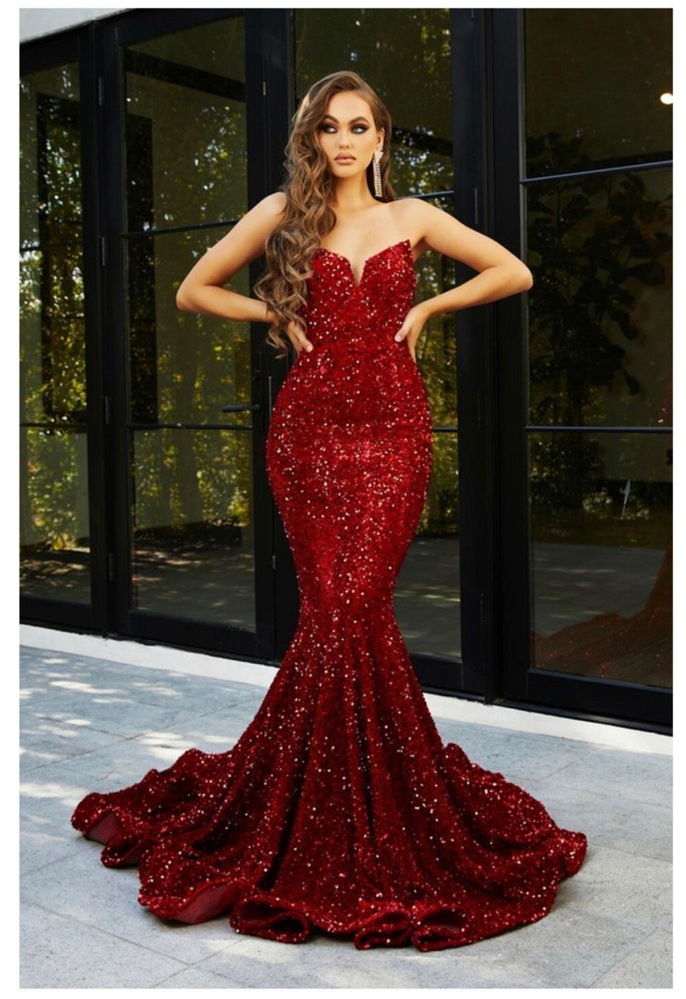 Portia and Scarlett Size 0 Prom Strapless Sequined Red Mermaid Dress on Queenly