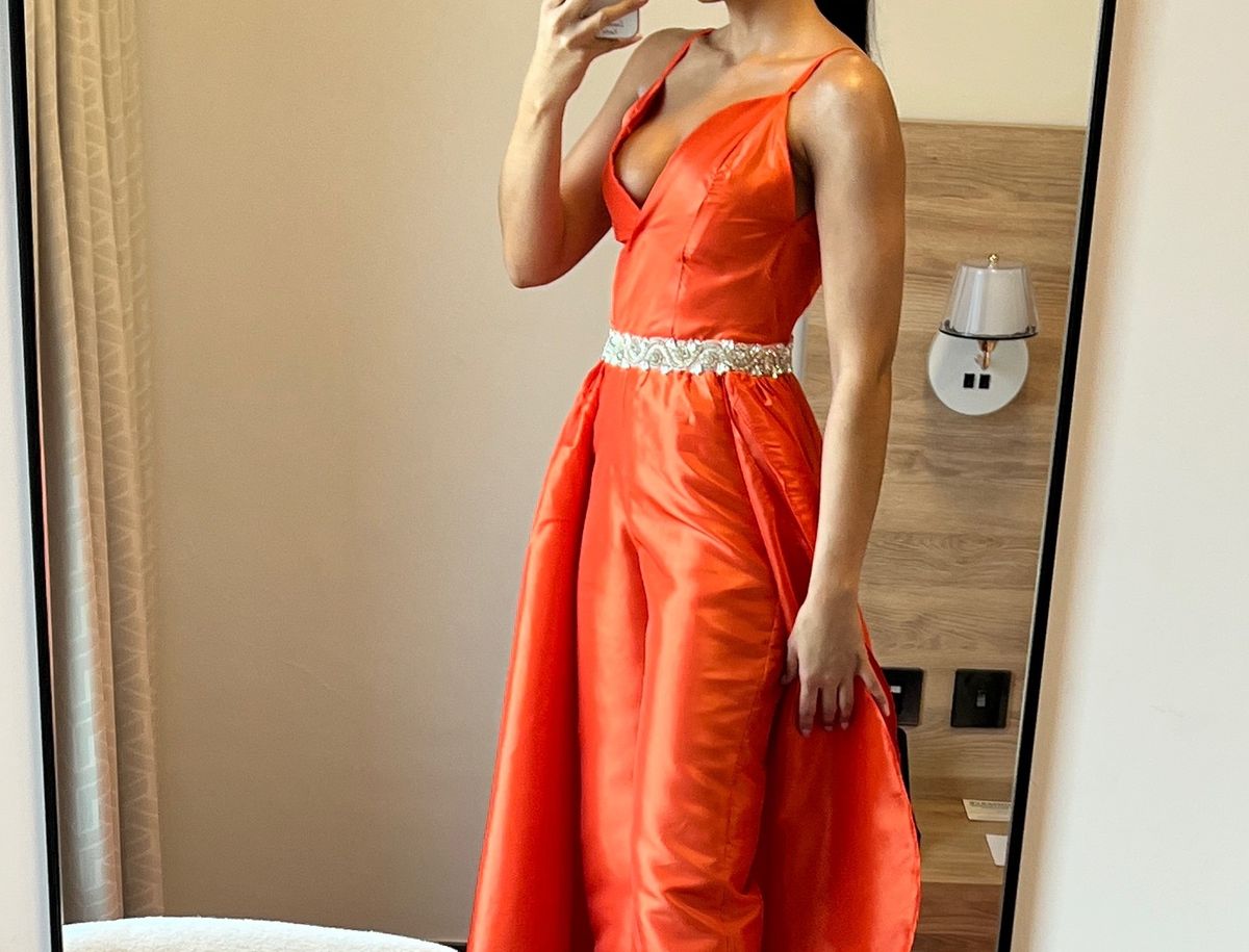 Size 6 Prom Orange Formal Jumpsuit on Queenly