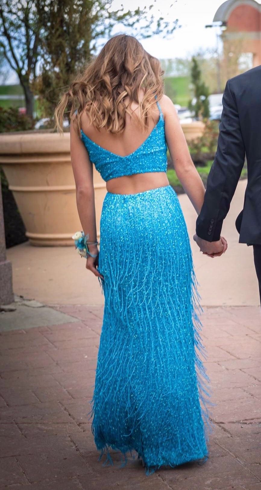 Rachel Allan Size 4 Prom Sequined Blue Side Slit Dress on Queenly