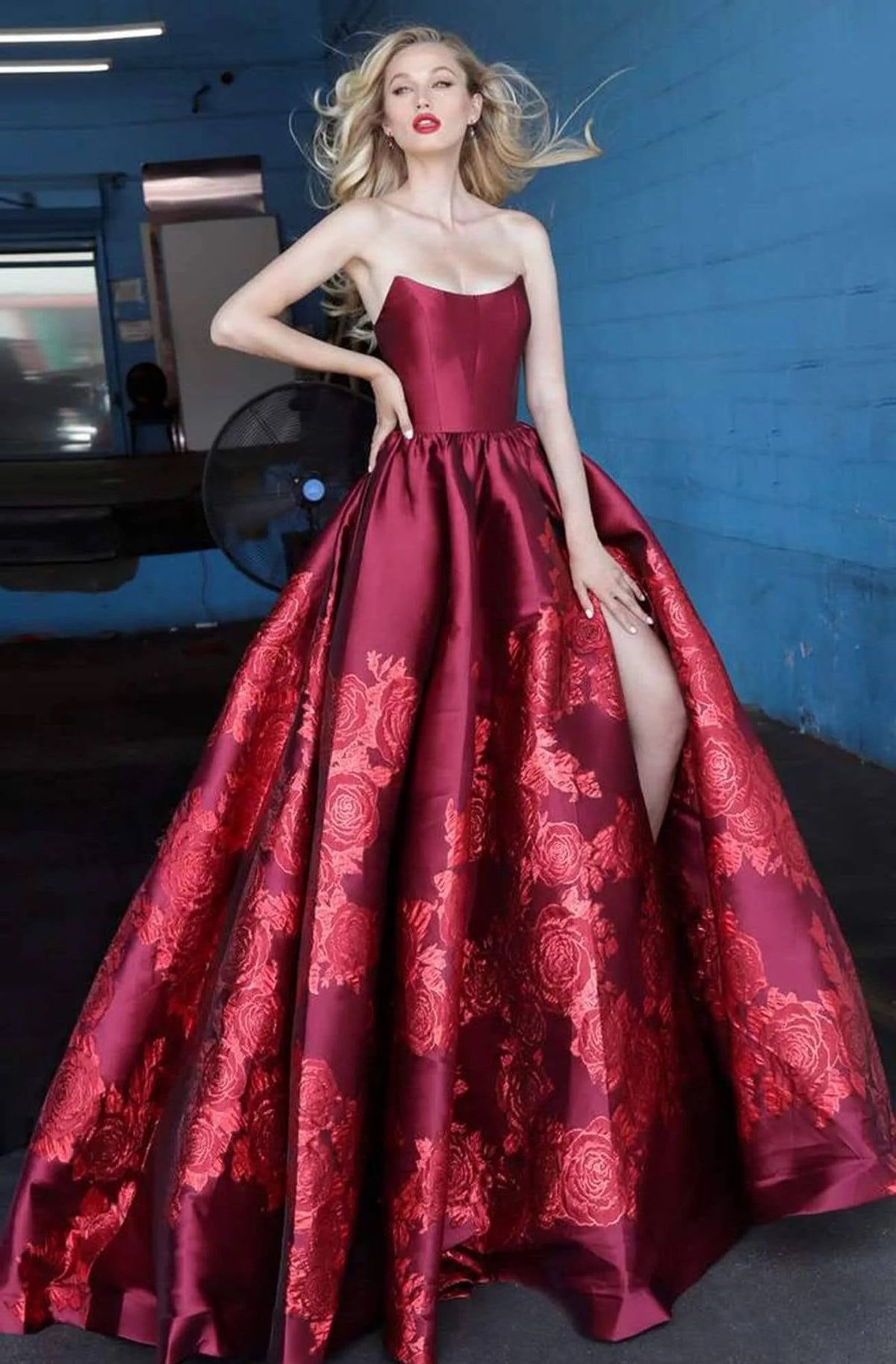 Jovani Size 6 Prom Strapless Satin Burgundy Red Ball Gown on Queenly