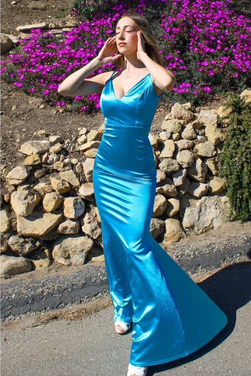 Style se016 Iva Remington Size 00 Prom Satin Blue Floor Length Maxi on Queenly