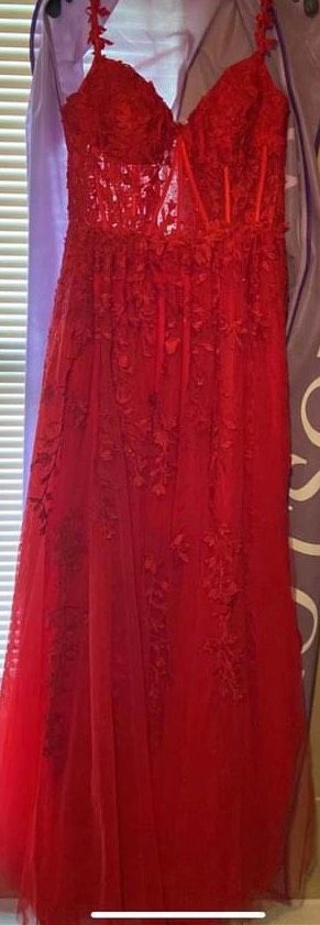 Sherri Hill Size 10 Prom Off The Shoulder Lace Red A-line Dress on Queenly