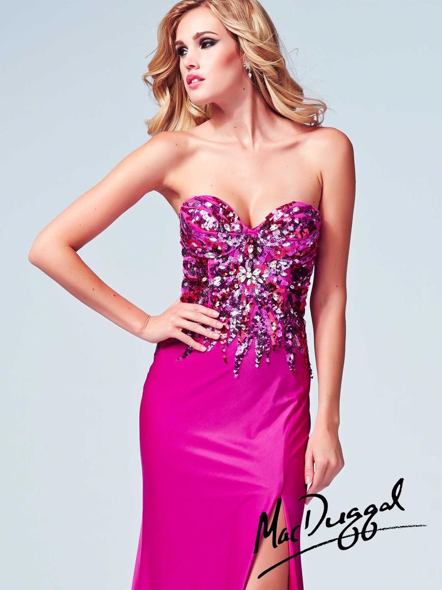 Style 85316A Mac Duggal Size 0 Prom Strapless Sequined Hot Pink Side Slit Dress on Queenly