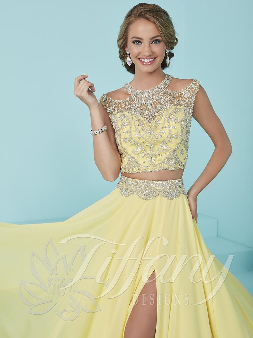 Style 16202 Tiffany Designs Size 2 Satin Yellow Side Slit Dress on Queenly