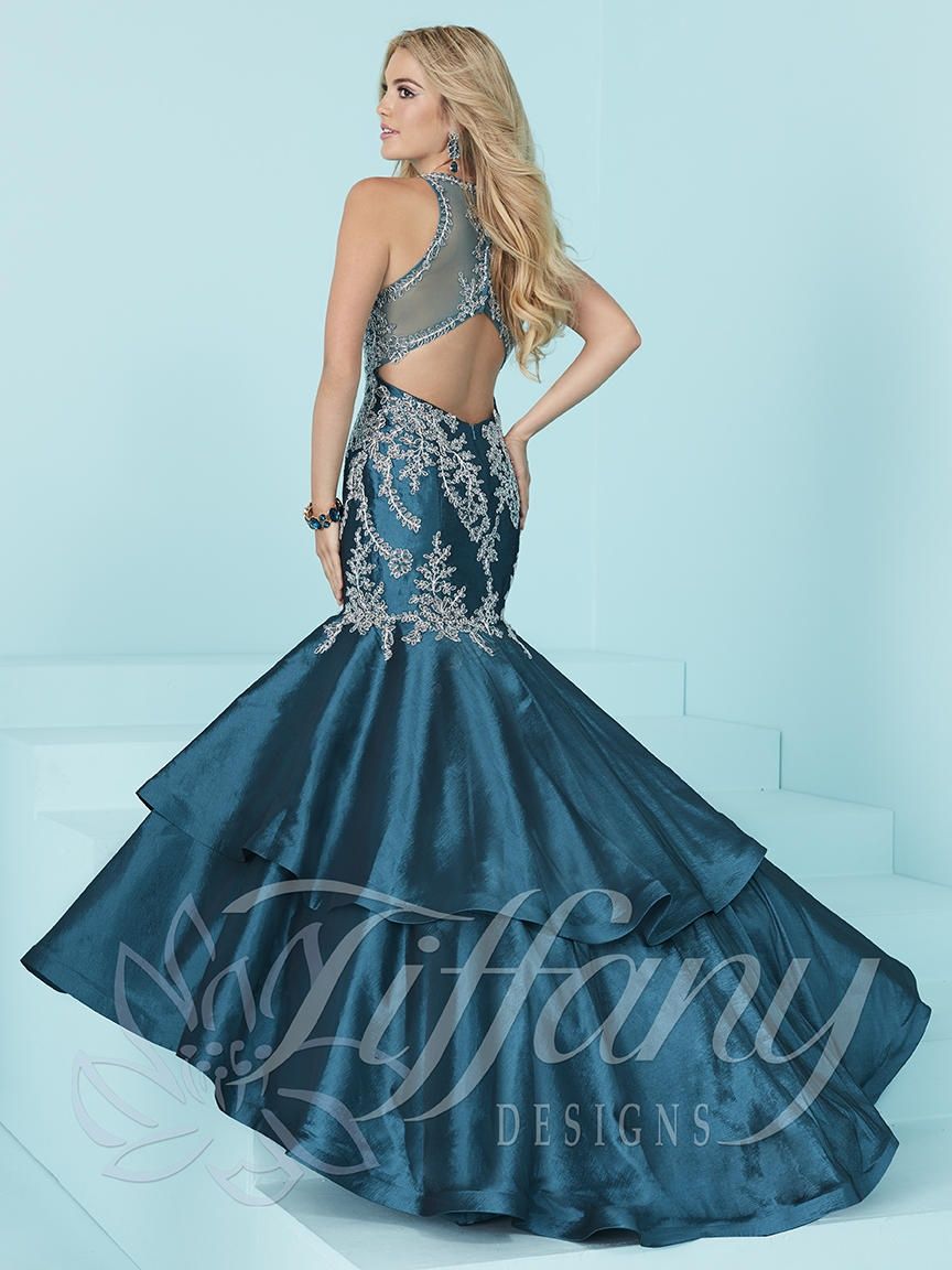 Style 16211 Tiffany Designs Plus Size 16 Prom Halter Lace Blue Mermaid Dress on Queenly