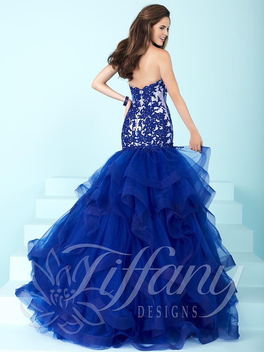 Style 16248 Tiffany Designs Size 8 Strapless Lace Royal Blue Mermaid Dress on Queenly