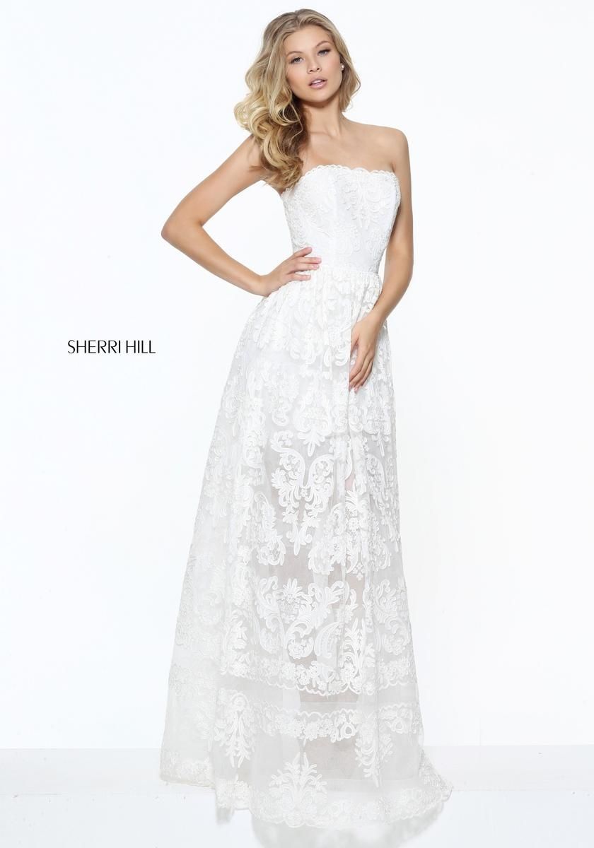 Style 50878 Sherri Hill Size 00 Prom Strapless Lace White Ball Gown on Queenly