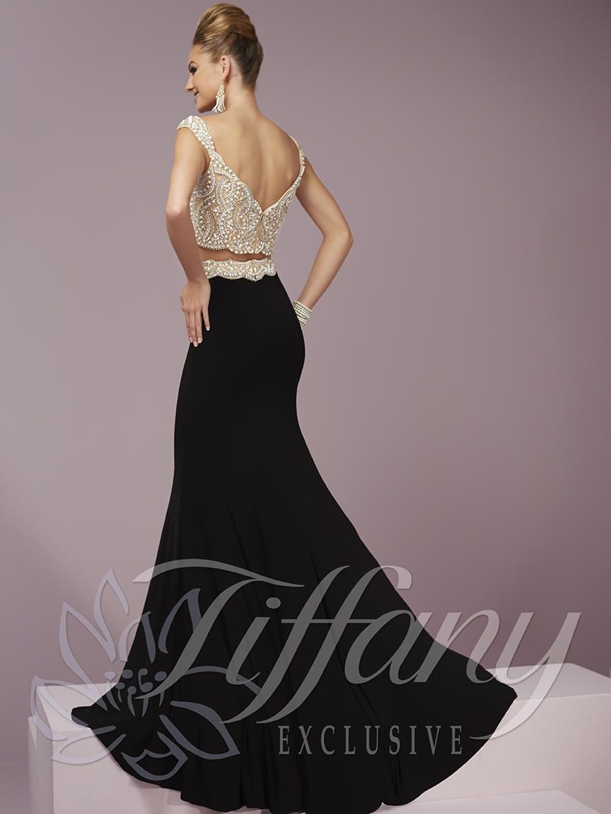 Style 46080 Tiffany Designs Size 8 Cap Sleeve Black Mermaid Dress on Queenly