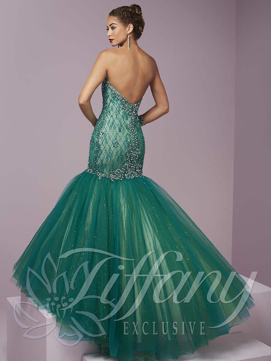Style 46098 Tiffany Designs Size 14 Pageant Lace Emerald Green Mermaid Dress on Queenly