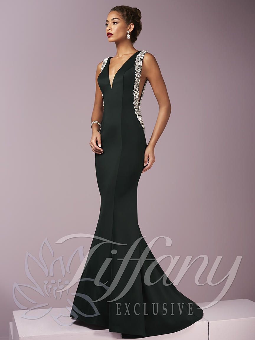 Style 46103 Tiffany Designs Size 6 Plunge Black Mermaid Dress on Queenly