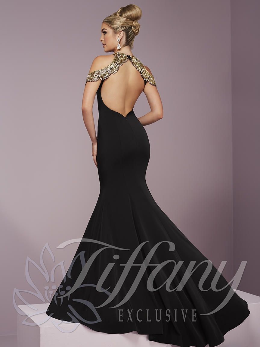 Style 46106 Tiffany Designs Size 6 Halter Satin Black Mermaid Dress on Queenly