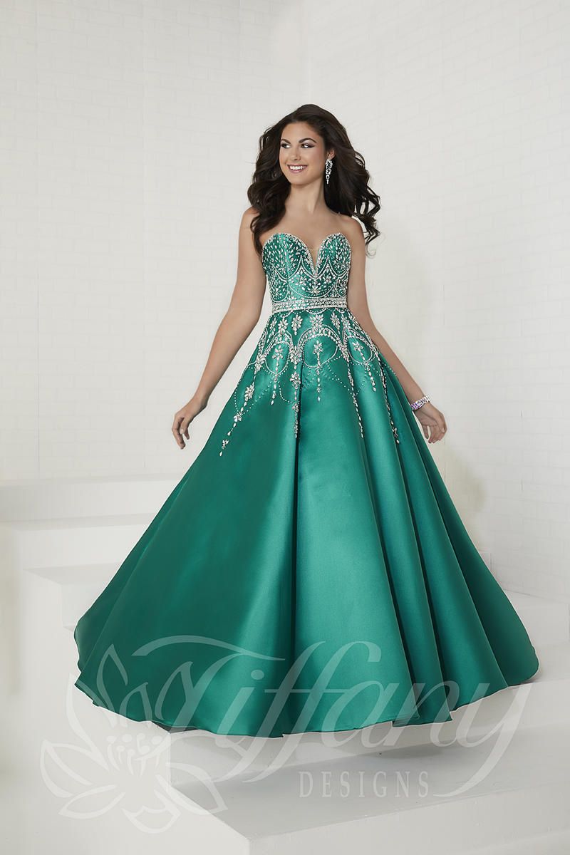 Style 16266 Tiffany Designs Size 12 Prom Strapless Green Ball Gown on Queenly