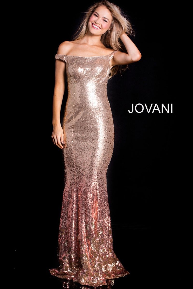 Style 60503 Jovani Size 4 Prom Off The Shoulder Sequined Rose Gold Floor Length Maxi on Queenly