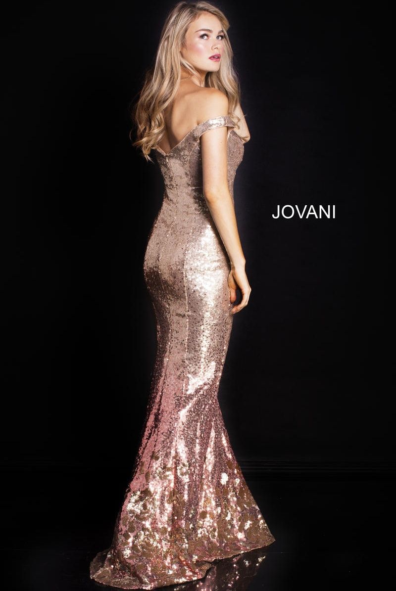 Style 60503 Jovani Size 8 Prom Off The Shoulder Sequined Rose Gold Floor Length Maxi on Queenly