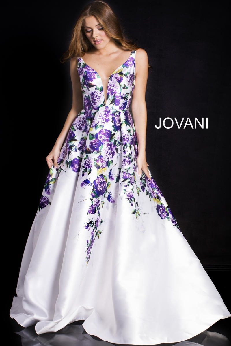 Style 60897 Jovani Size 6 Prom Plunge Floral Purple Ball Gown on Queenly