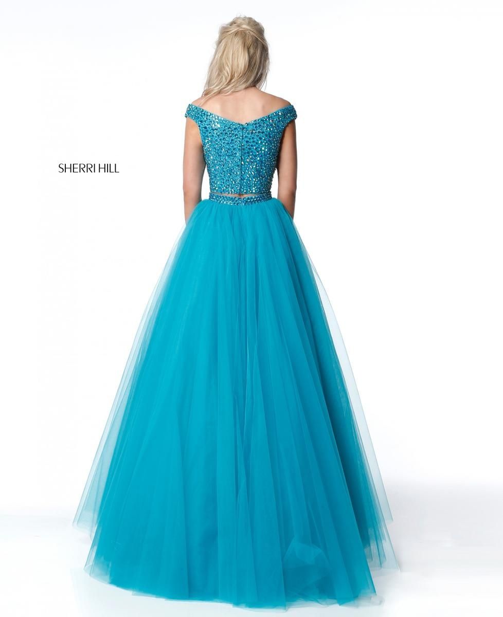 Style 51375 Sherri Hill Size 0 Prom Off The Shoulder Sequined Turquoise Blue Ball Gown on Queenly