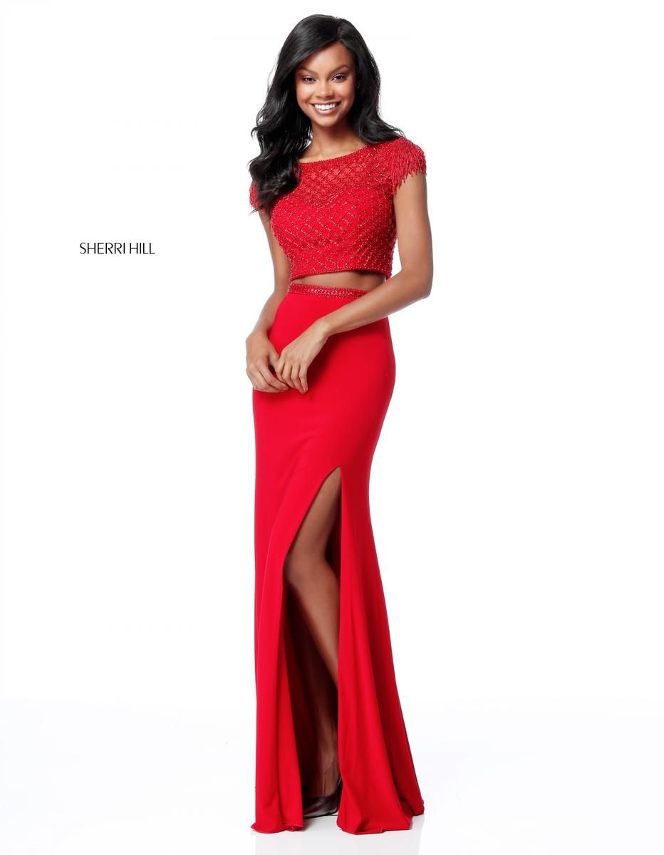 Style 51691 Sherri Hill Size 4 Prom Red Side Slit Dress on Queenly