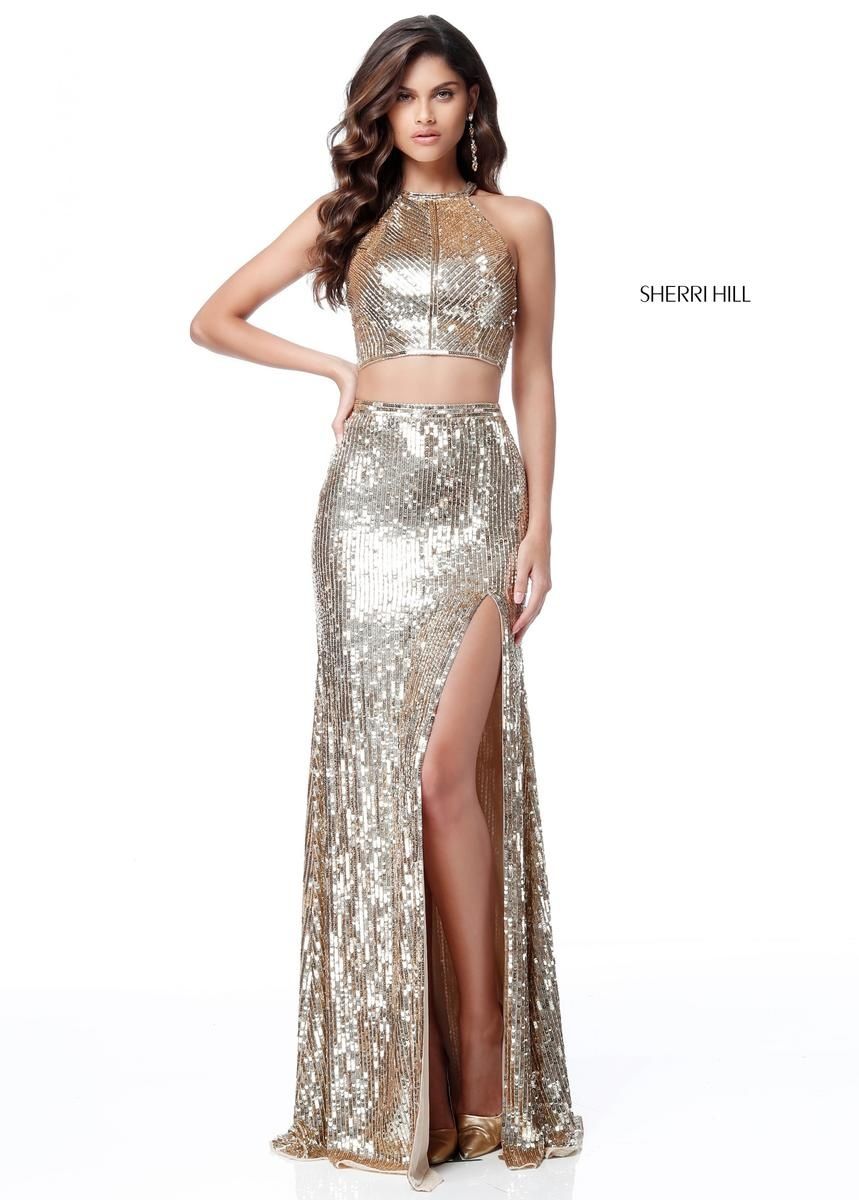 Style 51662 Sherri Hill Size 2 Prom Gold Side Slit Dress on Queenly
