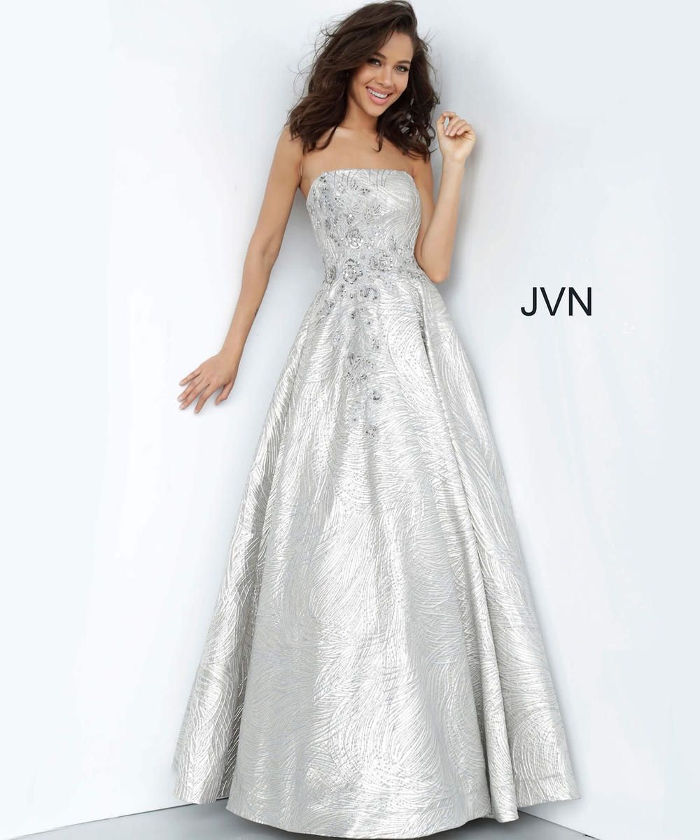 Style JVN02323 Jovani Size 14 Prom Strapless Silver Ball Gown on Queenly
