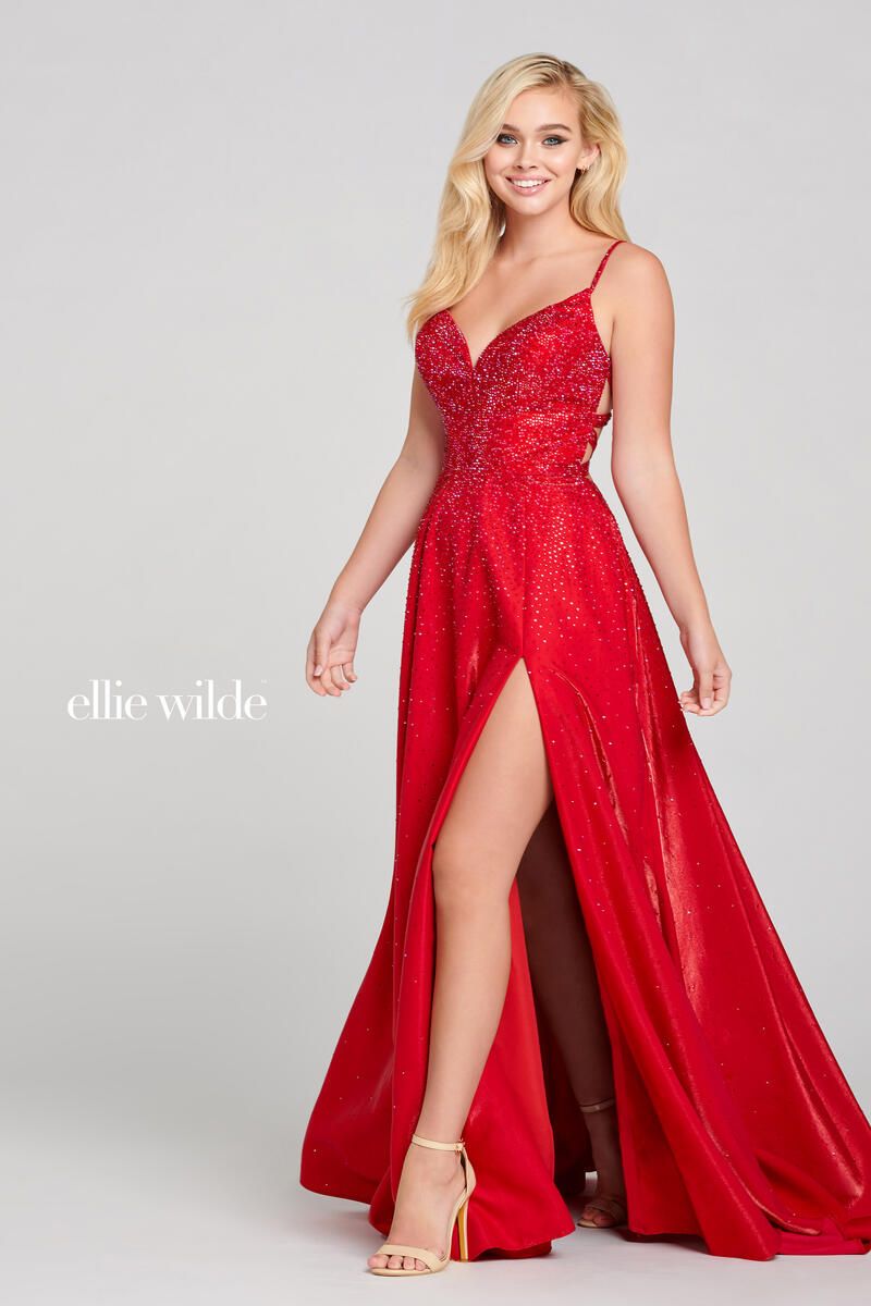 Style EW121001 Ellie Wilde Size 4 Pageant Satin Red Side Slit Dress on Queenly
