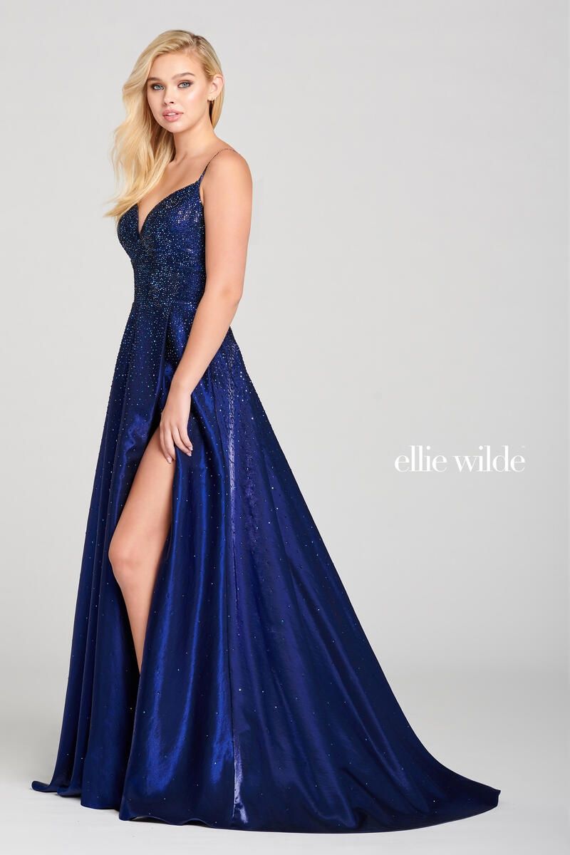 Style EW121001 Ellie Wilde Size 6 Pageant Satin Royal Blue Side Slit Dress on Queenly