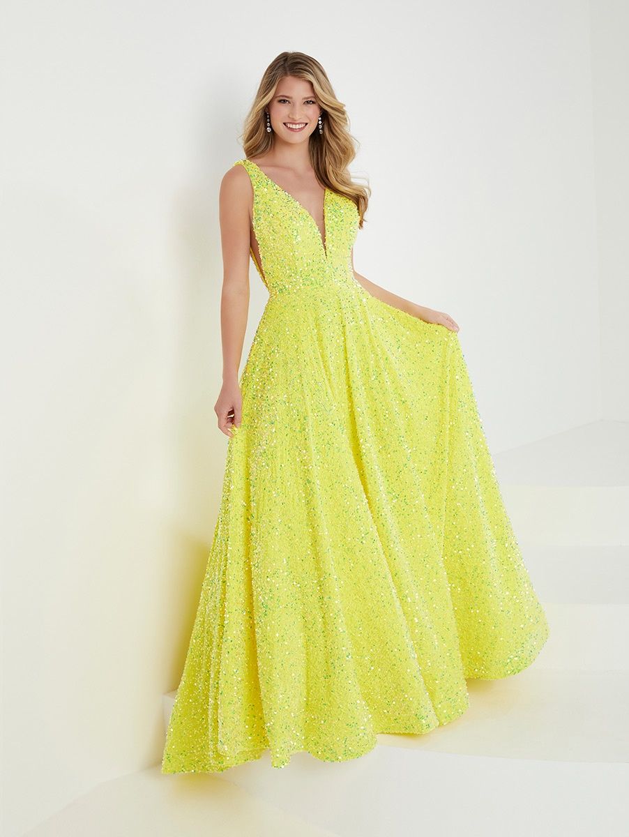 Style 16456 Tiffany Designs Size 8 Pageant Velvet Yellow Ball Gown on Queenly