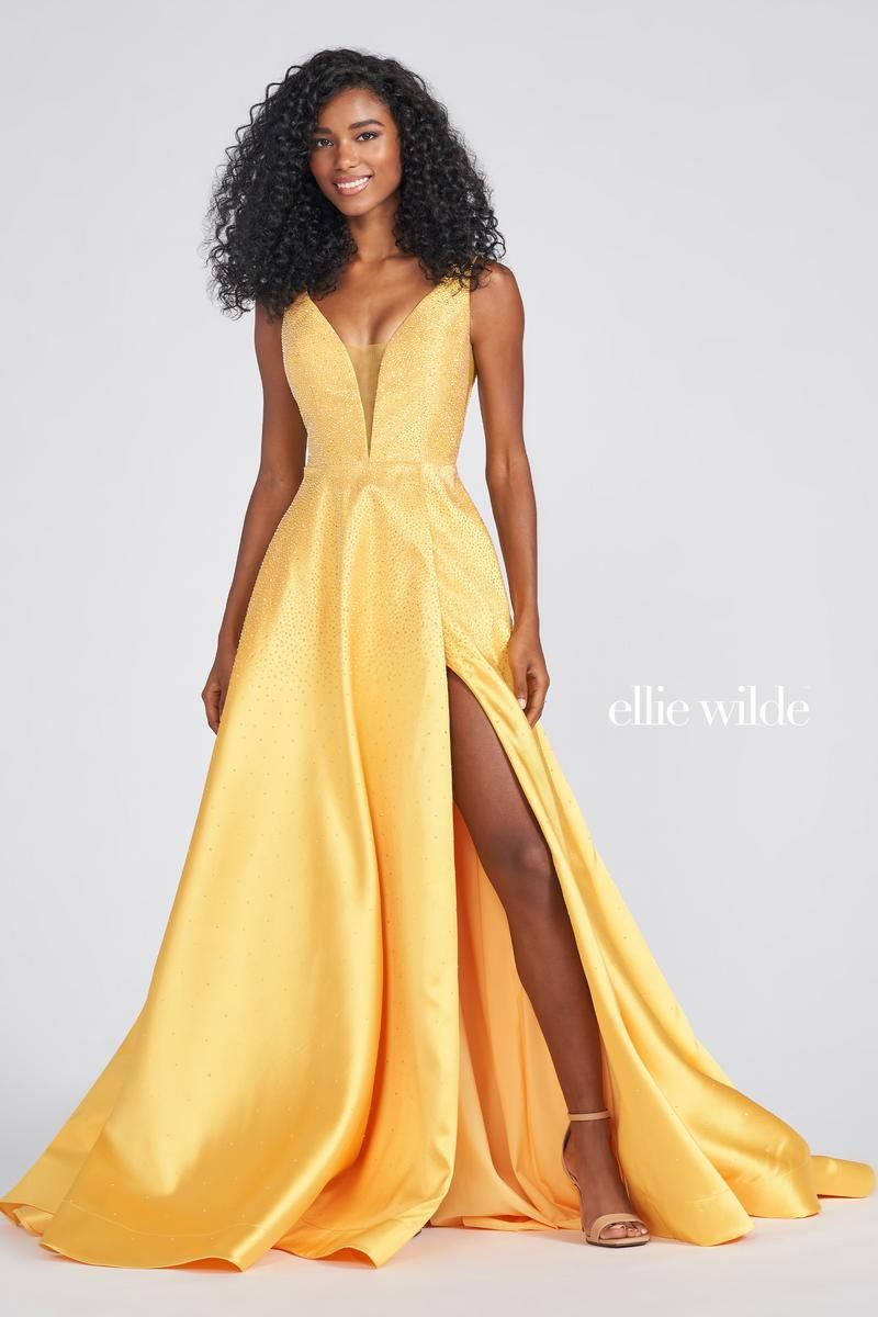 Style EW122021 Ellie Wilde Plus Size 16 Pageant Plunge Satin Yellow Side Slit Dress on Queenly