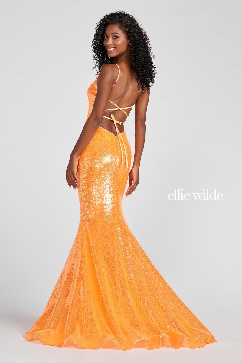 Style EW122031 Ellie Wilde Size 8 Pageant Sequined Orange Mermaid Dress on Queenly