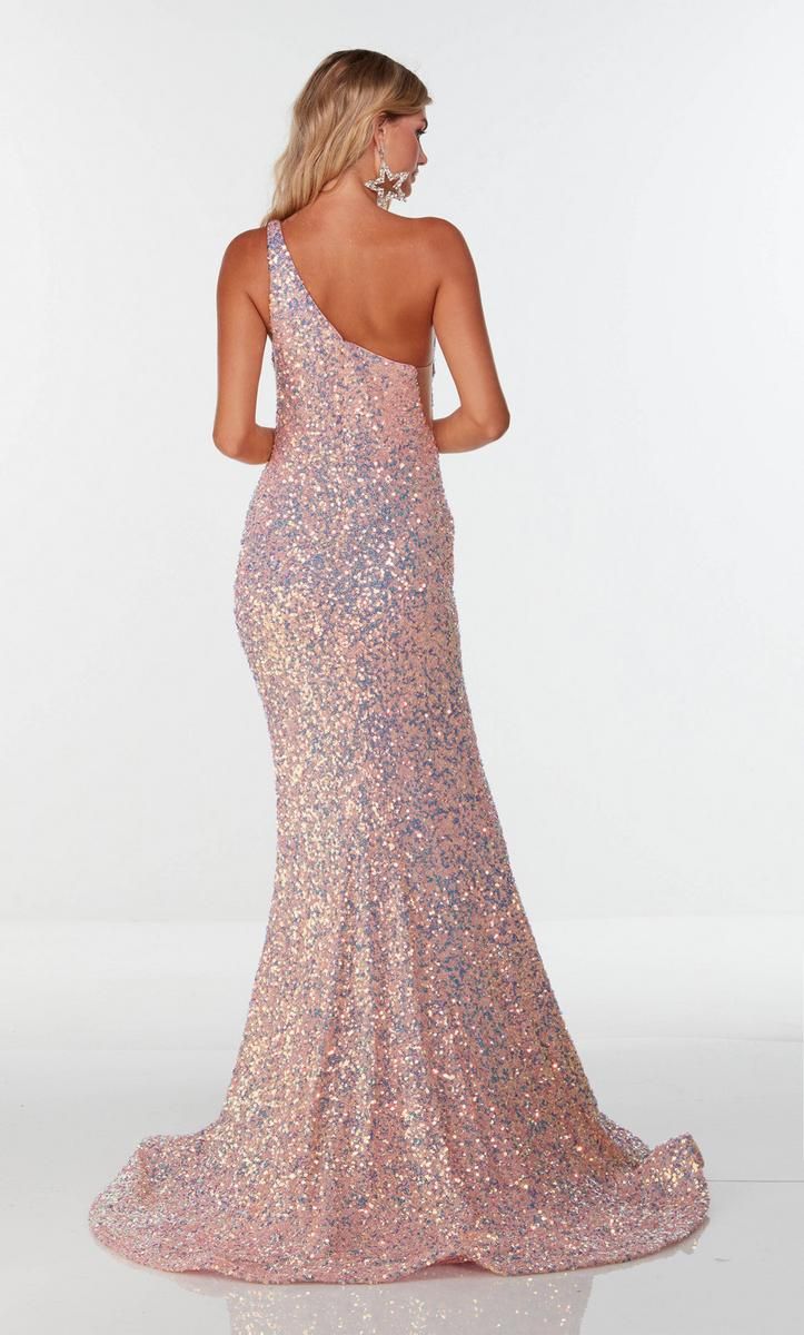 Style 61114 Alyce Paris Size 6 Prom One Shoulder Sequined Pink Side Slit Dress on Queenly