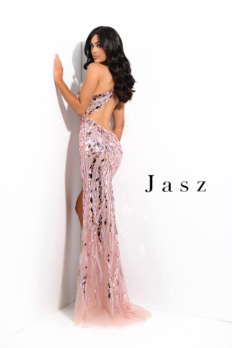 Style 7302 Jasz Couture Size 4 Prom One Shoulder Sequined Pink Side Slit Dress on Queenly