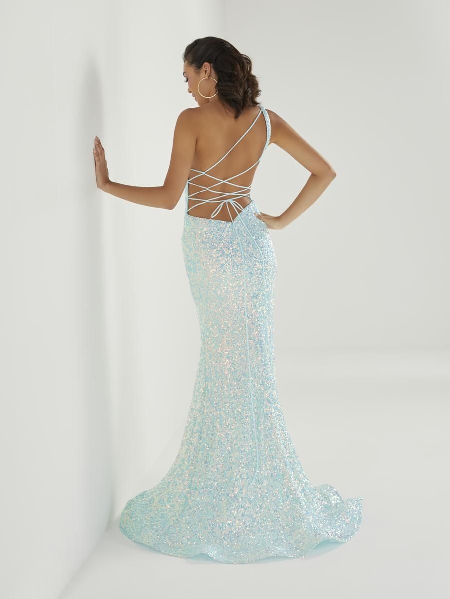 Style 46262 Tiffany Designs Size 6 Prom One Shoulder Sequined Light Blue Side Slit Dress on Queenly
