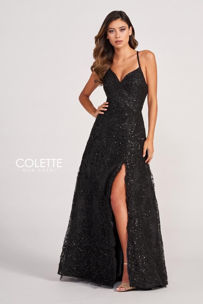 Style CL2028 Colette Size 12 Pageant Lace Black Side Slit Dress on Queenly