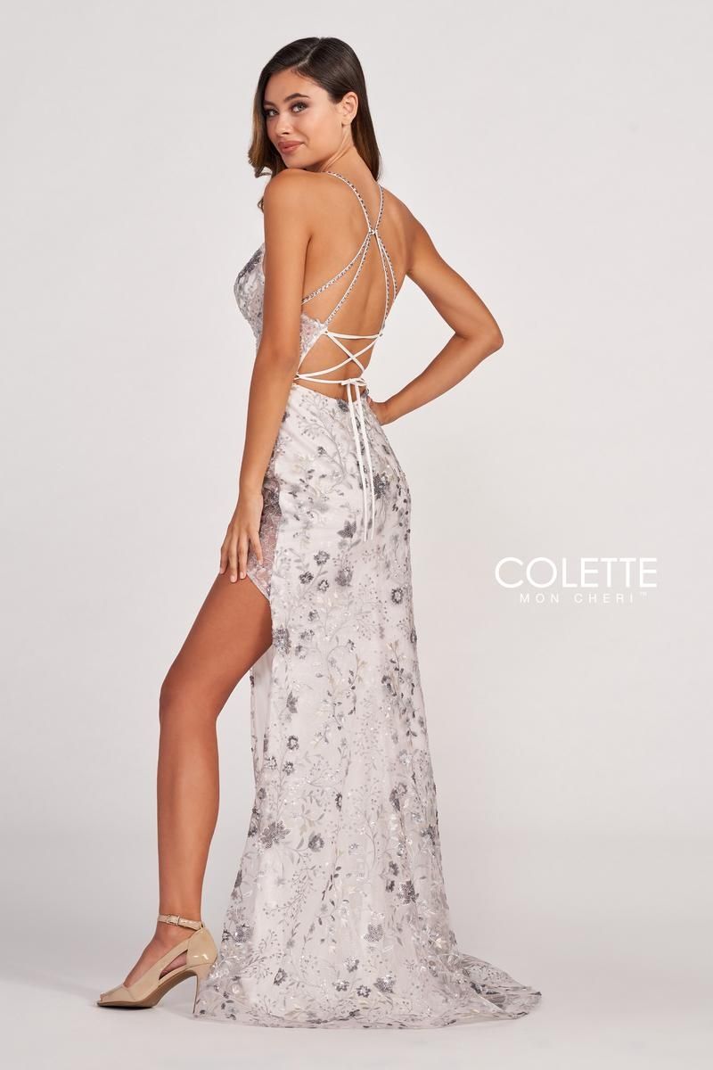 Style CL2063 Colette Size 00 Pageant Lace Silver Side Slit Dress on Queenly