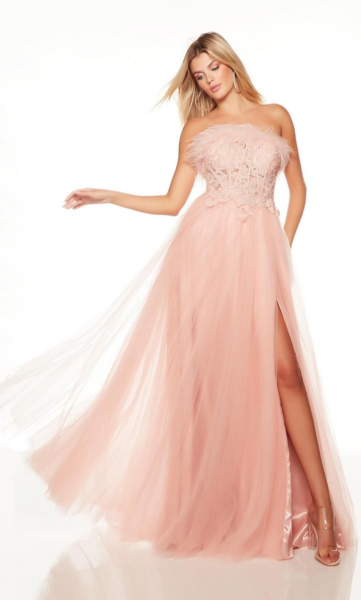 Style 61307 Alyce Paris Size 0 Prom Strapless Lace Coral Side Slit Dress on Queenly