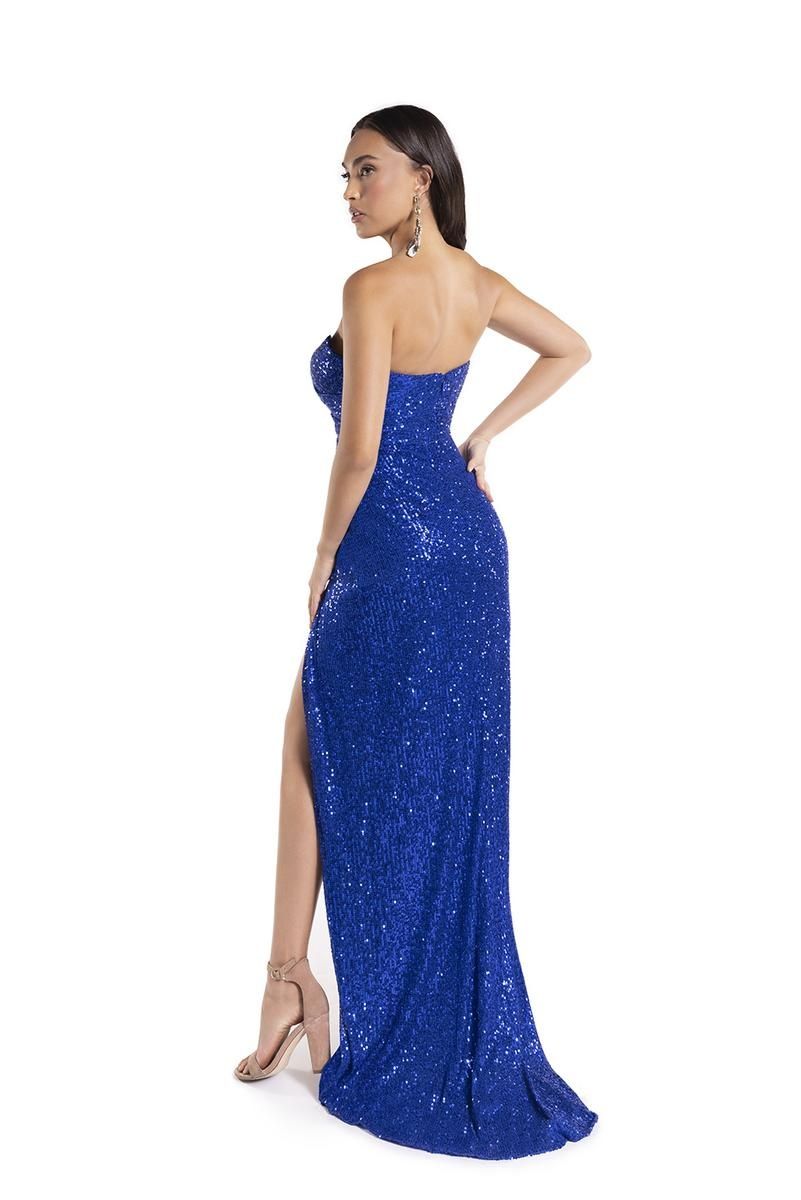 Style 90160 Lucci Lu Size 00 Prom Strapless Sequined Royal Blue Side Slit Dress on Queenly