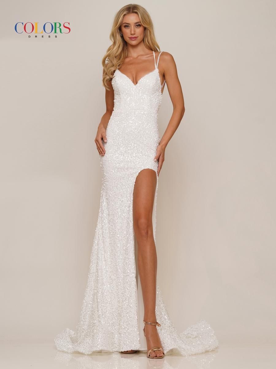 Style 2975 Colors Size 4 Sequined White Side Slit Dress on Queenly