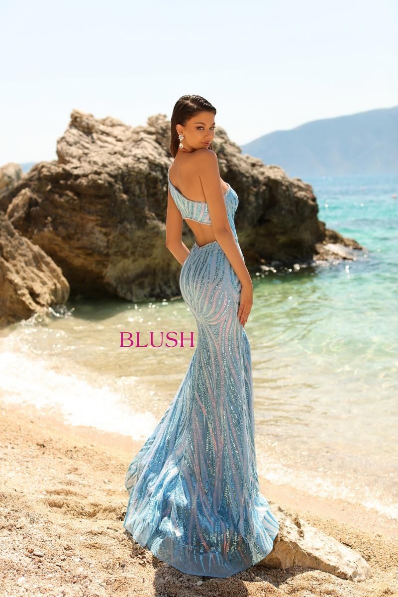 Style 20506 Blush Prom Size 8 Prom Sequined Light Blue Side Slit Dress on Queenly