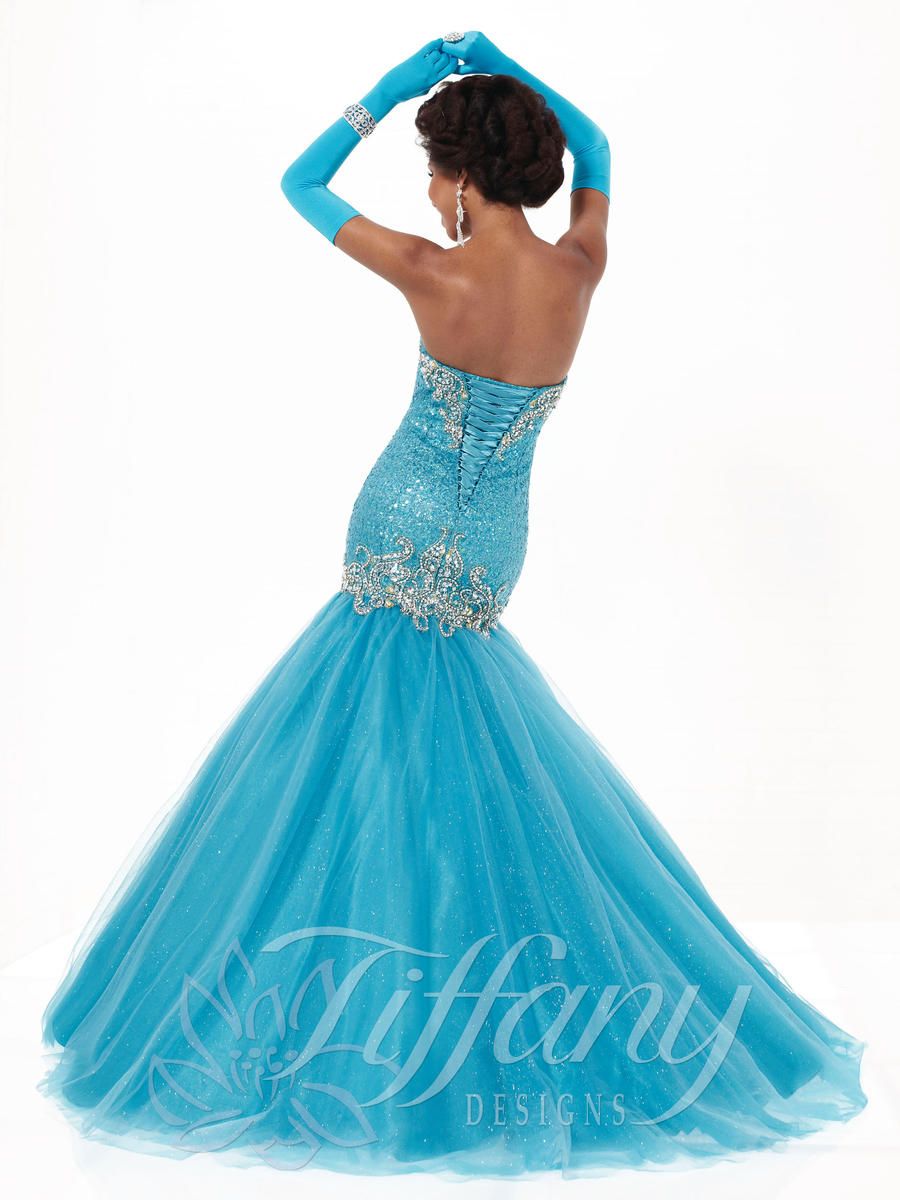 Style 16737 Tiffany Designs Size 8 Strapless Sequined Turquoise Blue Mermaid Dress on Queenly