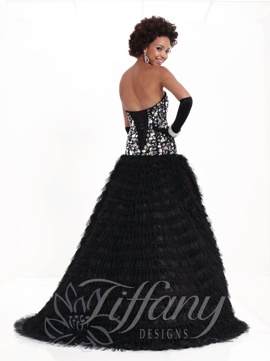 Style 16748 Tiffany Designs Size 4 Pageant Strapless Black Side Slit Dress on Queenly