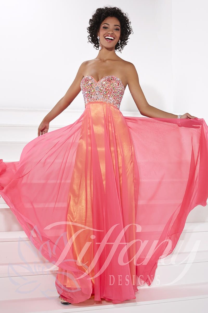 Style 16093 Tiffany Designs Size 6 Prom Strapless Sequined Coral Ball Gown on Queenly