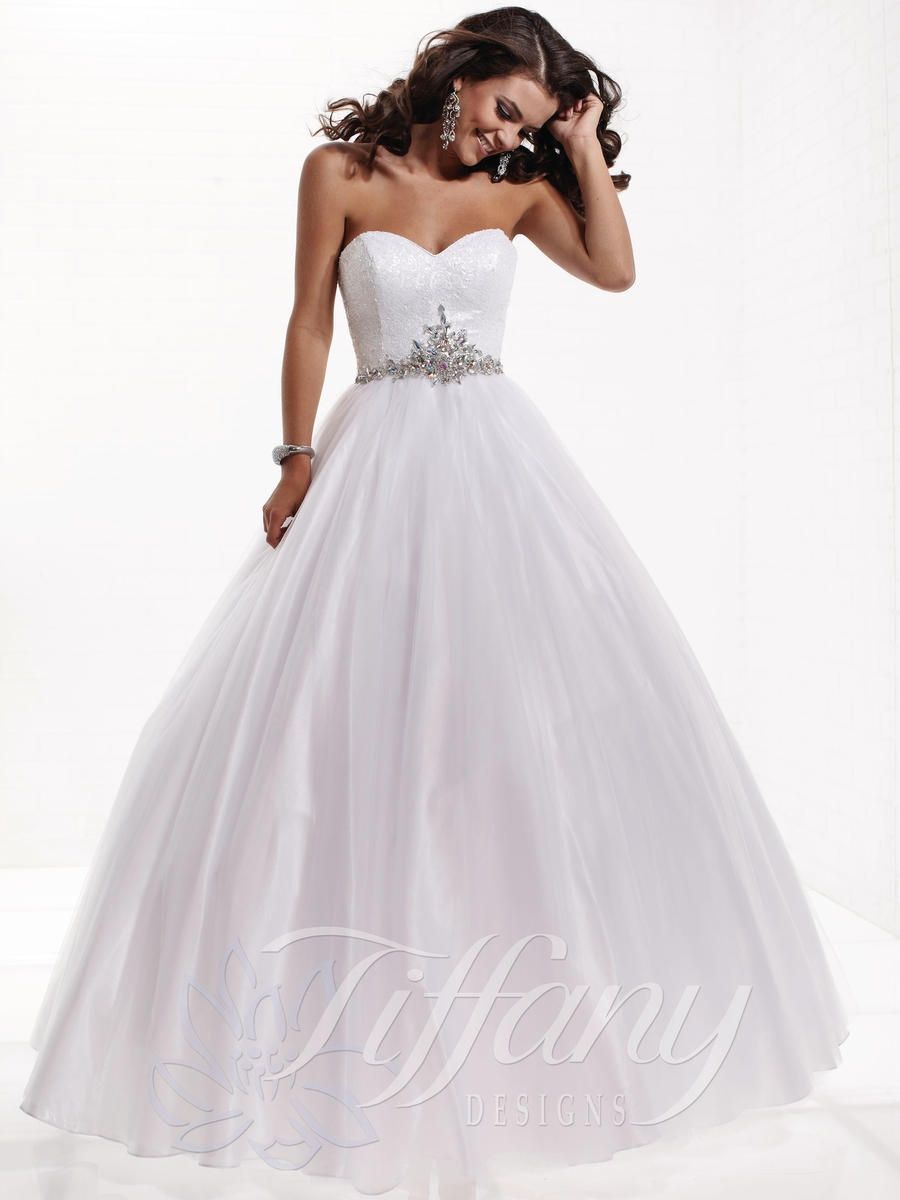 Style 16901 Tiffany Designs Size 14 Wedding Strapless Sequined White Ball Gown on Queenly