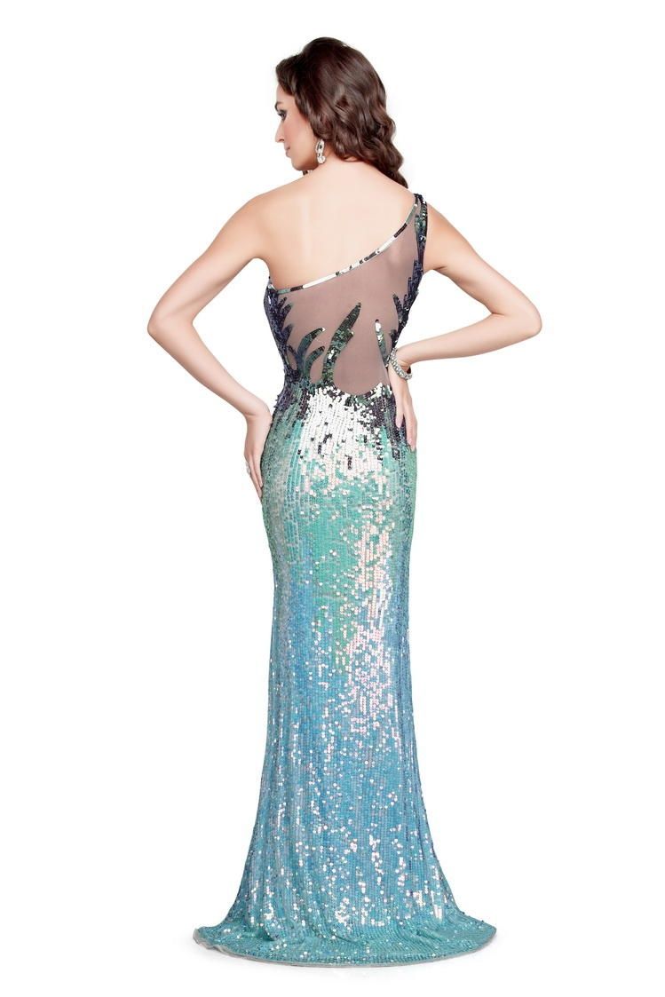 Style 9712 Primavera Size 6 Prom One Shoulder Sequined Turquoise Blue Side Slit Dress on Queenly