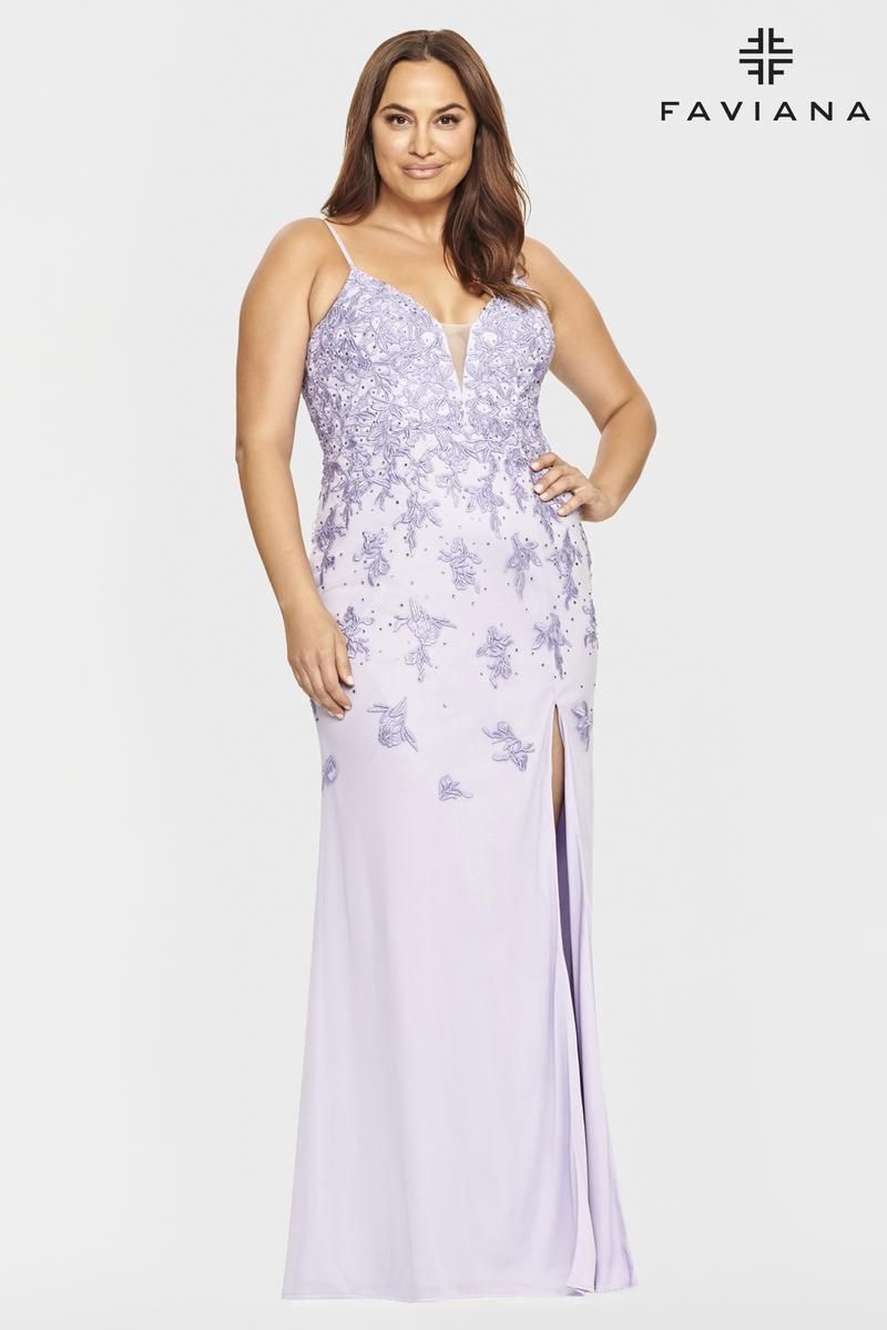 Style 9539 Faviana Plus Size 18 Pageant Lace Blue Side Slit Dress on Queenly