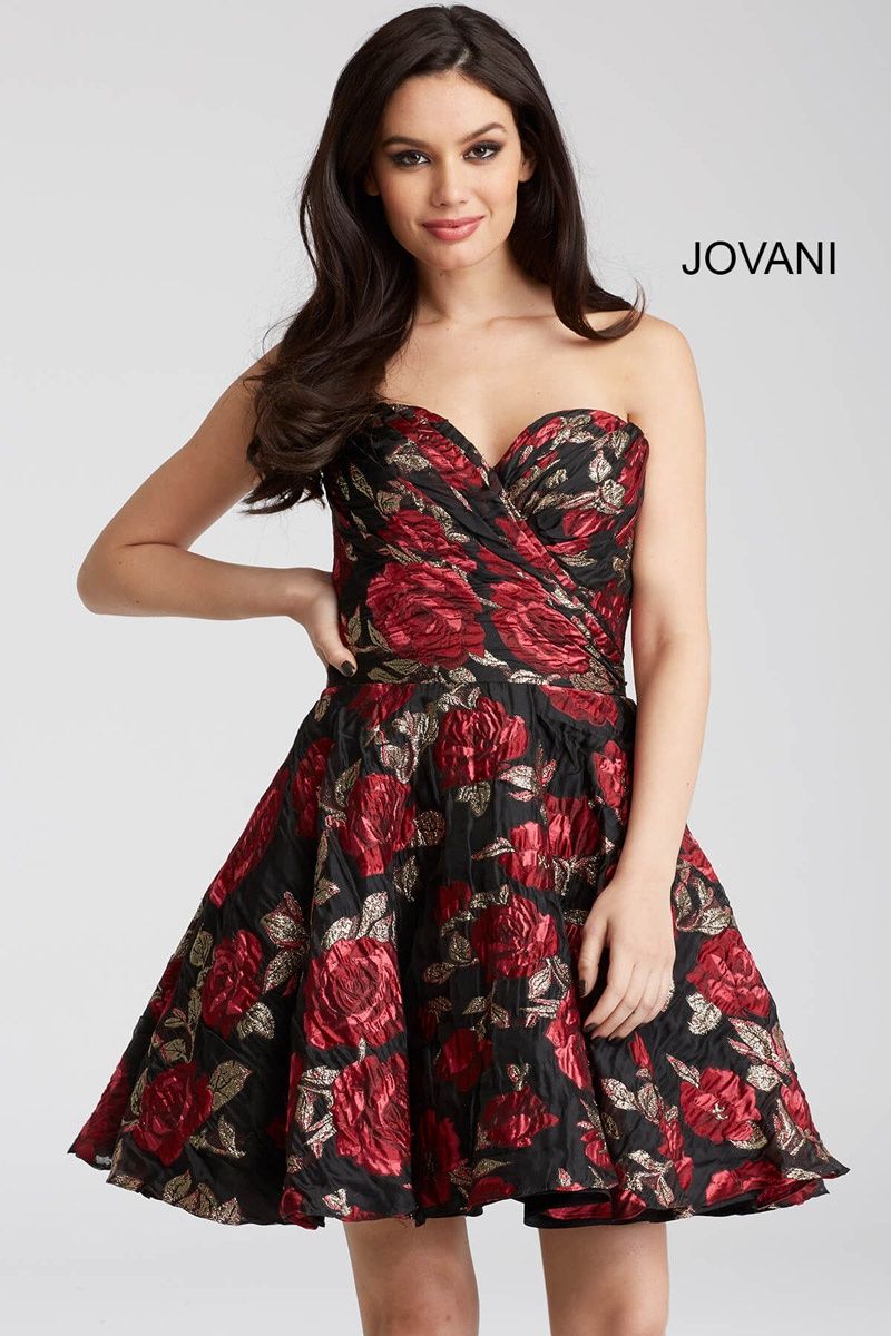 Style 55633 Jovani Size 4 Homecoming Floral Black Cocktail Dress on Queenly